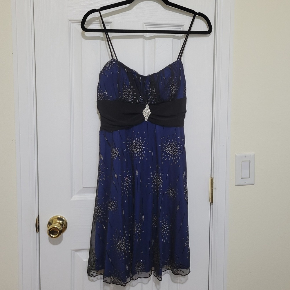 Tu Tu Fashion Blue Black Mesh Glitter Starburst Cocktail Dress‎ Rhinestone Med M